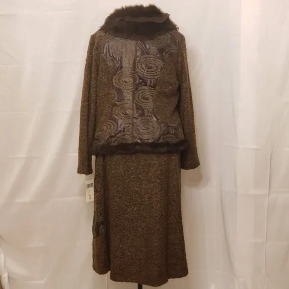 Vintage Moshita Couture 2 Piece Brown Outfit w/Faux Fur Collar and Trim, Size 16 - Picture 10 of 16